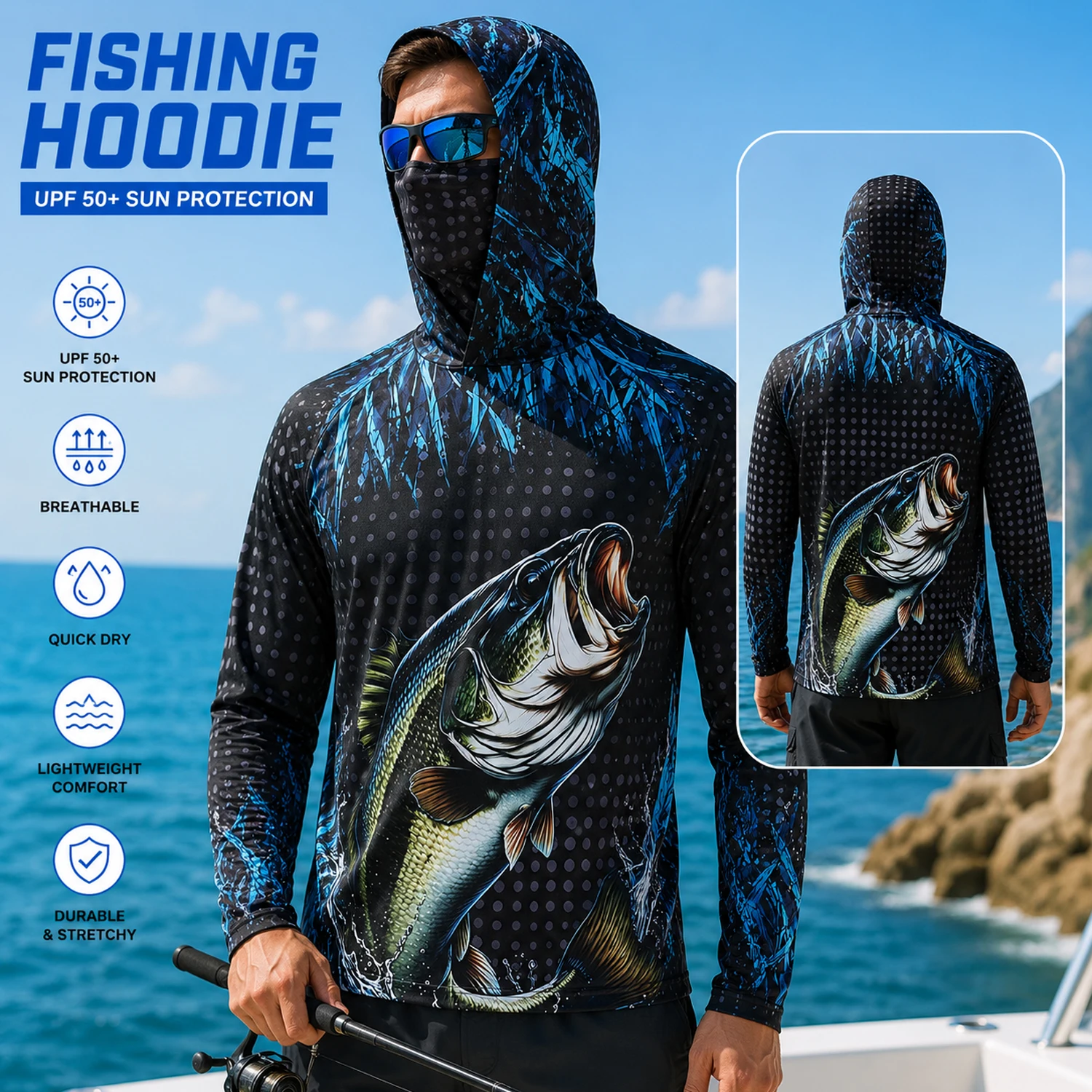 Fishing Mask Sun Protection - Męska bluza z kapturem UPF50+ do